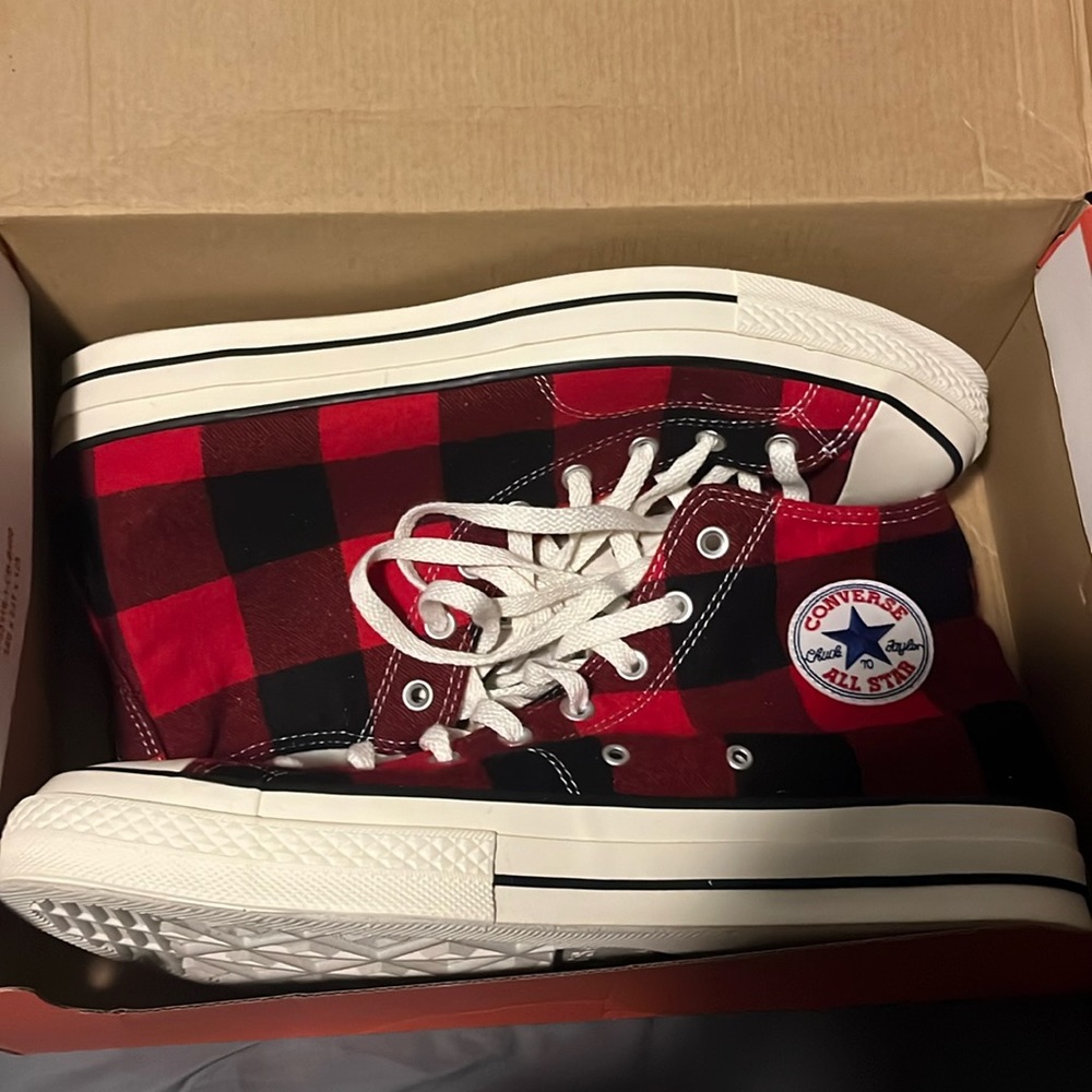 Size 12 converse upcycled red plaid high tops. WITH BOX!
